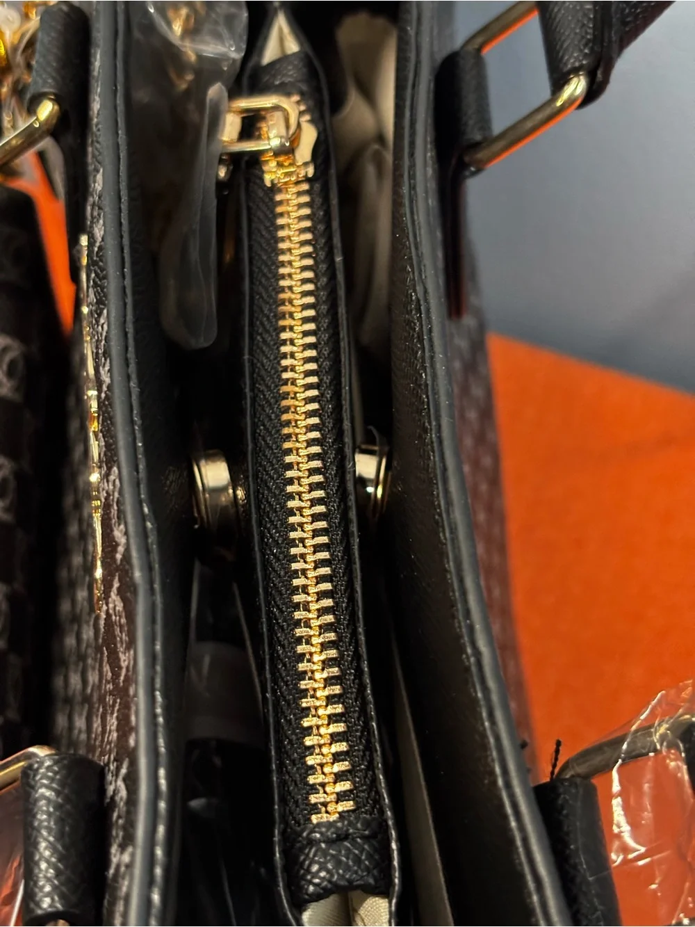 bebe Adele Black Logo Satchel with Matching Wallet and Gold Accents